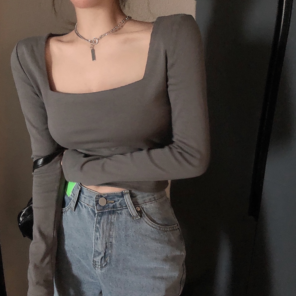 Áo thun COZOK tay dài cổ vuông dáng ôm thời trang quyến rũ cho nữ