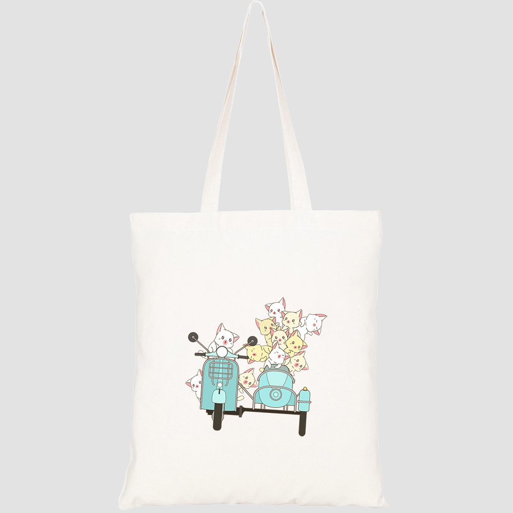 Túi vải tote canvas HTFashion in hình drawn kawaii rider cat friends with motorcycle HT170