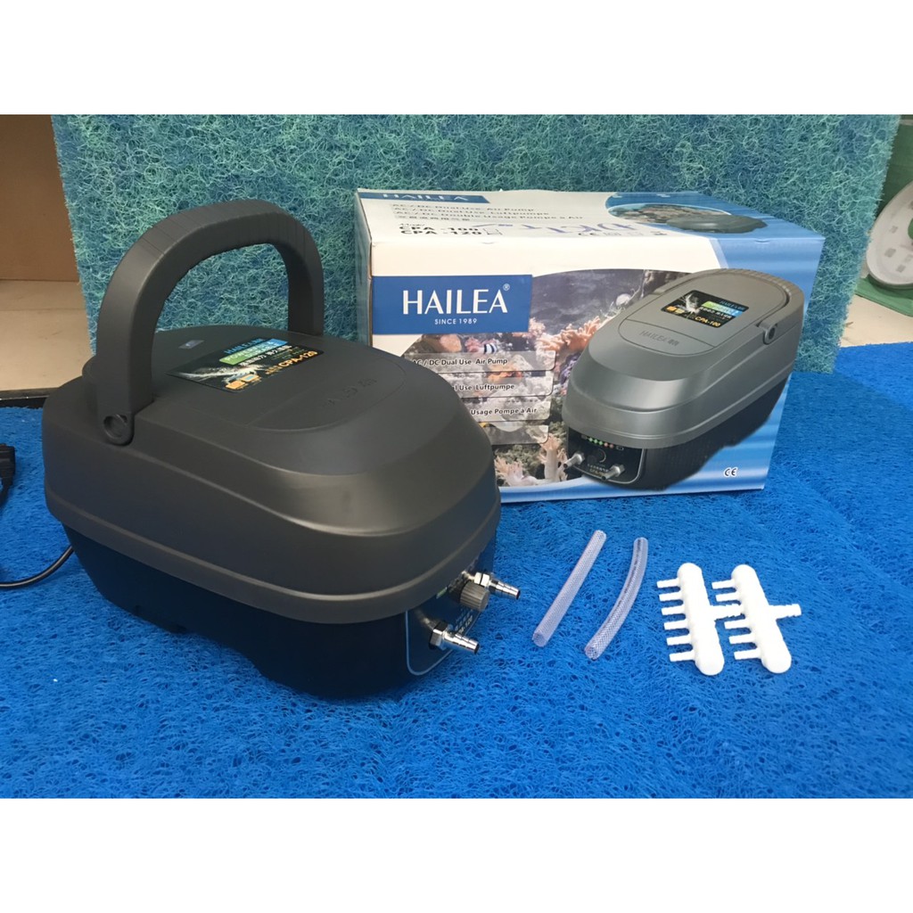 Máy Sủi Tích Điện 2 Vòi Hãng Hailea CPA 120. Sủi Ác Quy cung cấp oxy dành cho hồ Koi