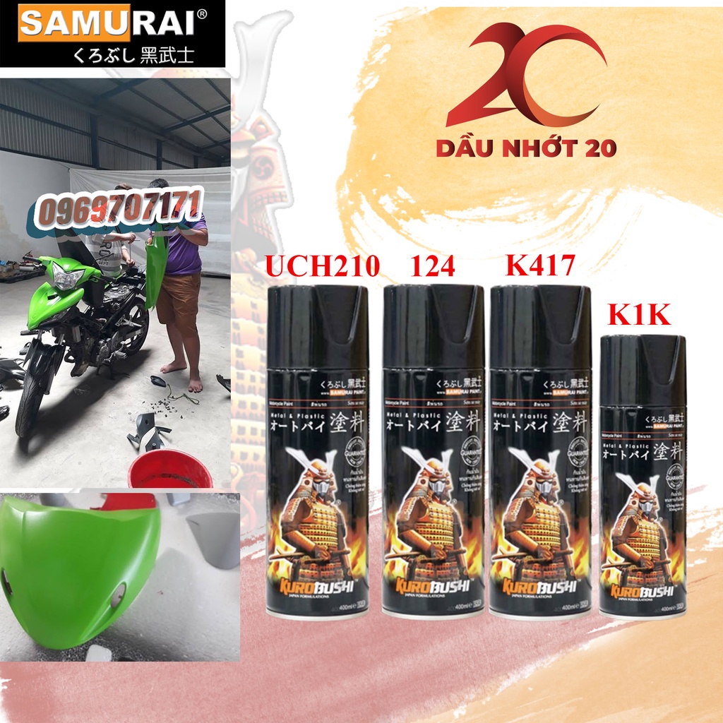 Combo 4 chai sơn màu xanh lá cây samurai K417* gồm uch210 102 k417 bóng tuỳ chọn k1k 128 hoặc kim tuyến k1kt hoặc nhám 1