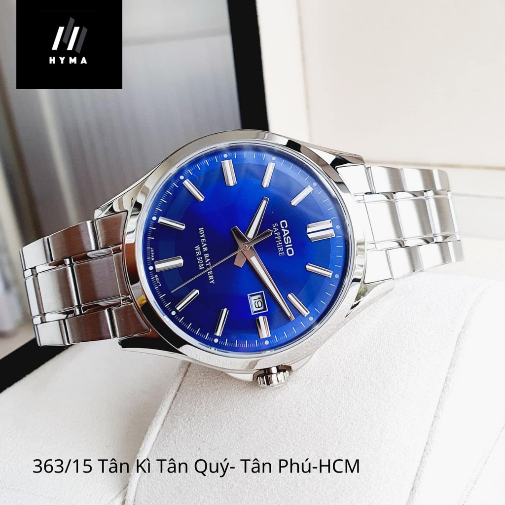 Đồng hồ nam dây thép mặt xanh Casio MTS 100D-2AV kính Sapphire - Pin 10 năm Bảo hành 1 năm Hyma watch