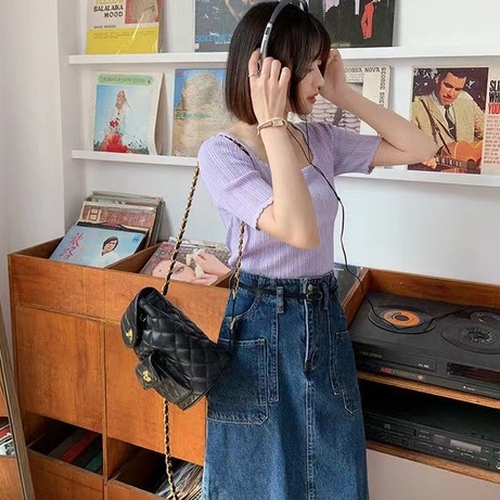 Áo kiểu ZHELIHANGFEI dệt kim tay ngắn thiết kế quyến rũ thời trang trẻ trung dành cho nữ