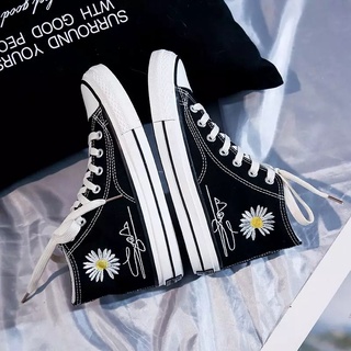 Giày Sneaker nữ Ulzzang bata đen trắng đế bánh mì độn đế vải canvas vintage conver cute họa tiết hoa cúc