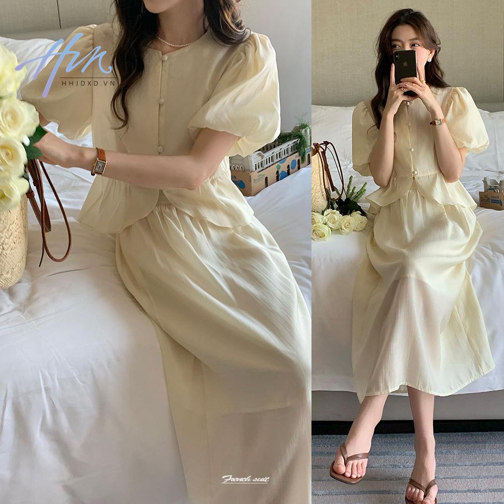 Bộ Áo Sơ Mi Tay Phồng + Chân Váy Màu Sắc Mơ Mộng Thanh Lịch Cá Tính Thời Trang Mùa Hè Cho Nữ
