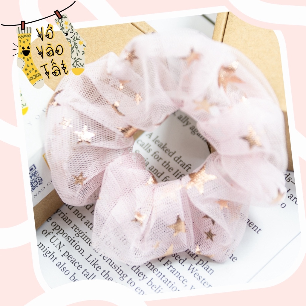 Buộc tóc scrunchies voan lưới xuyên thấu họa tiết ánh kim độc đáo