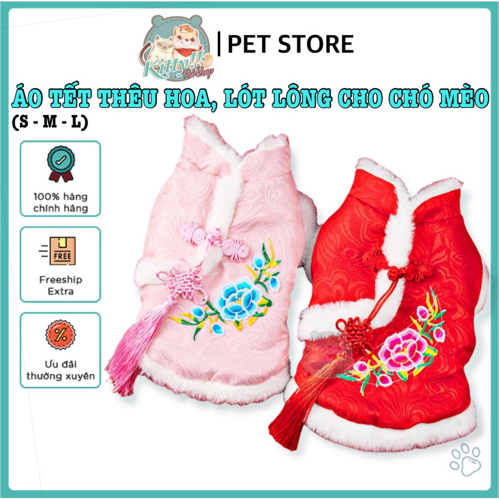 Áo Tết 2022 thêu hoa, lót lồng cho chó mèo , quần áo của chó mèo, đồ mặc hoạ tiết - Kitty Pet Shop BMT