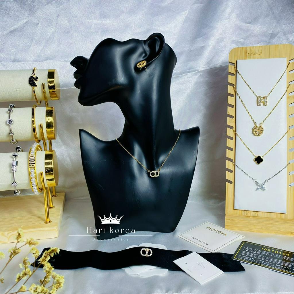 Sét trang sức Cd titan, Vòng cổ &amp; khuyên tai đính đá, phụ kiện trang sức nữ Hari korea accessories