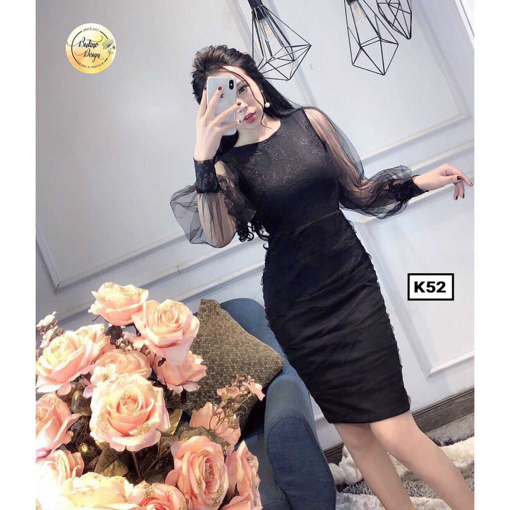 Váy đầm body K52 Đen phối ren dài tay 2 lớp BUTINO SHOP