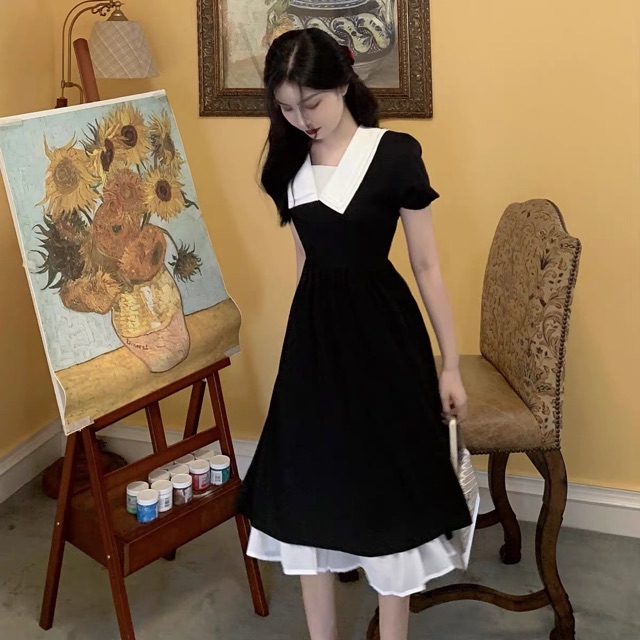 ĐẦM ĐEN PHỐI CỔ CHÂN BÈO TRẮNG | BigBuy360 - bigbuy360.vn