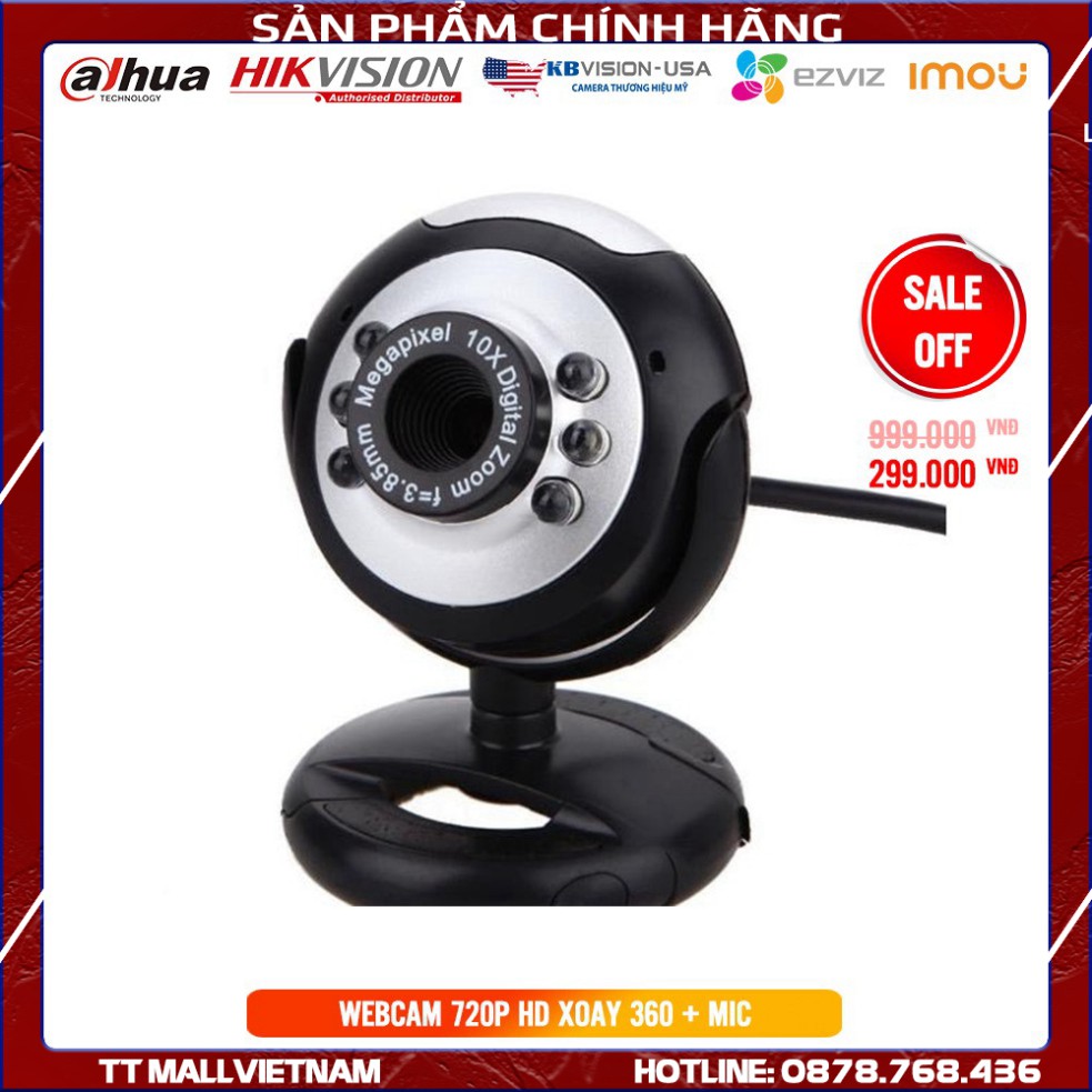 Webcam 720P HD siêu nét + xoay 360 độ kèm Micro đàm thoại dạy học trực tuyến