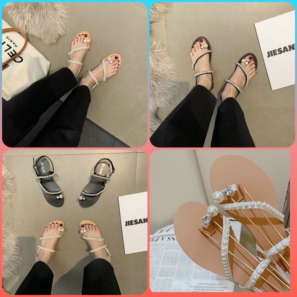 Giày Sandal Nữ Đế Bằng Cài Quai Hậu-Sandal Đi Học Kiểu Sỏ Ngón Đính Ngọc Mẫu Mới Bền Đẹp Đi Biển Đi Chơi  Mã SDNGOC