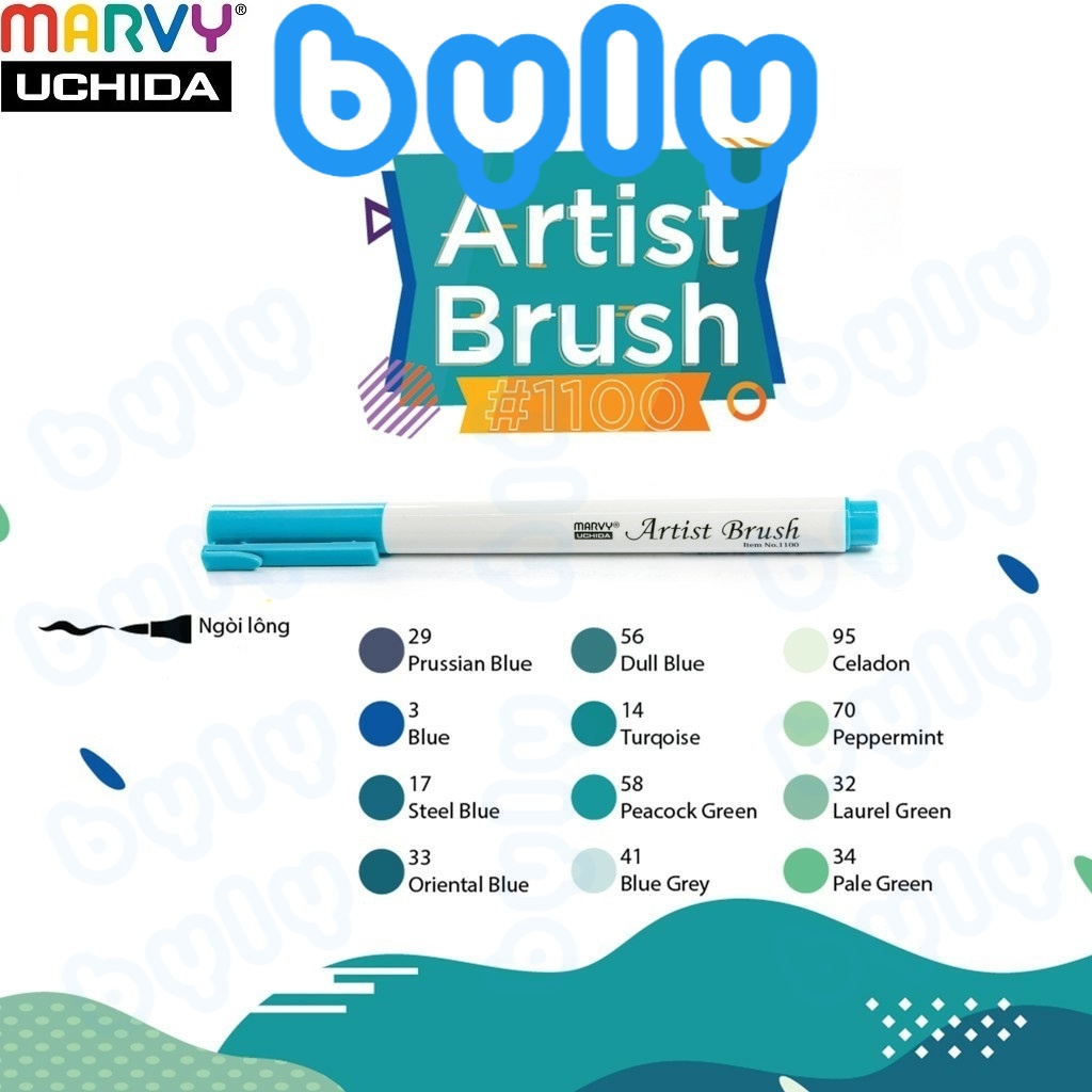 [Ship hỏa tốc] Artist brush [tone xanh, xanh lá] - Bút lông đầu cọ mảnh Marvy 1100 - ByLy Store