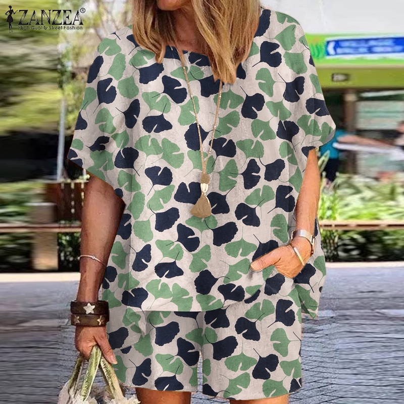 Bộ đồ nữ ZANZEA gồm áo tay cánh dơi và quần eo thun họa tiết in vintage thời trang