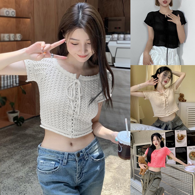 Áo Croptop Dệt Kim Tay Ngắn Thời Trang Cho Nữ