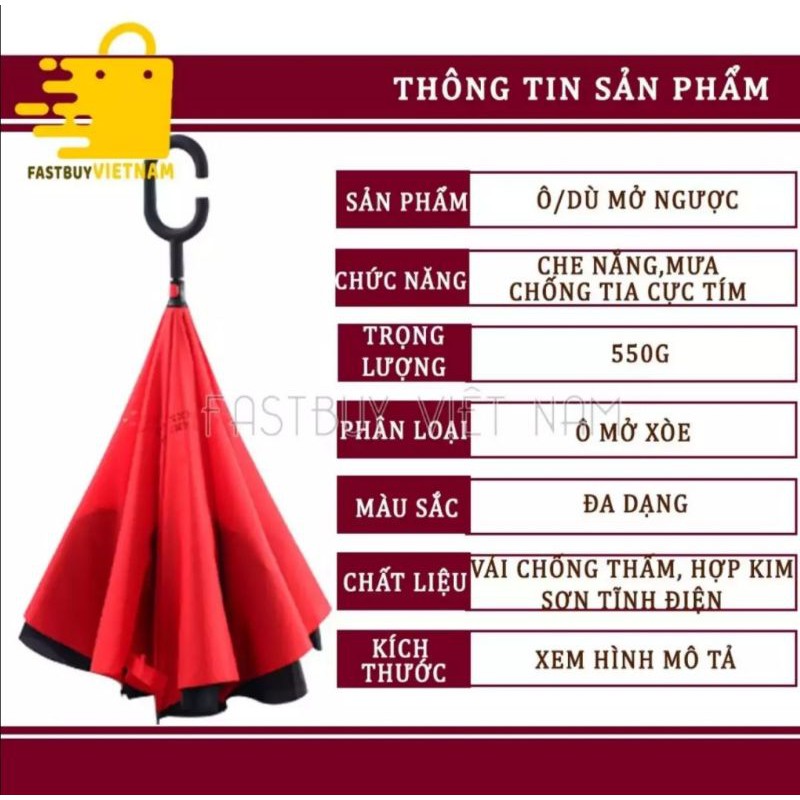 Ô gấp ngược. Dù đi mưa rút ngược thông minh. Hàng cao cấp. Đường kính 120cm, cao 85cm