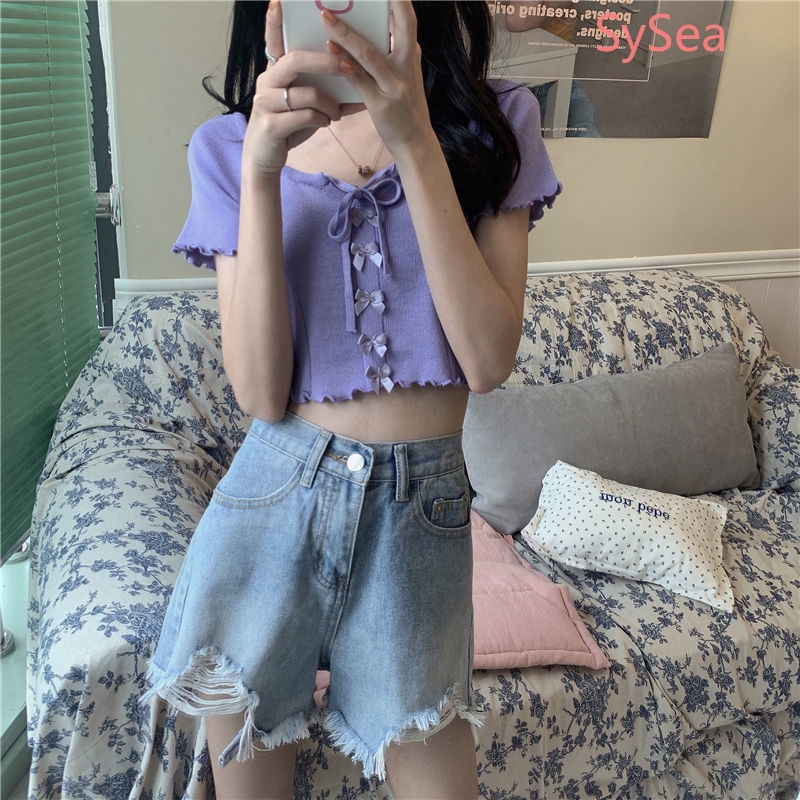 Women's Drawstring Bow Knit Short Sleeve Croptop