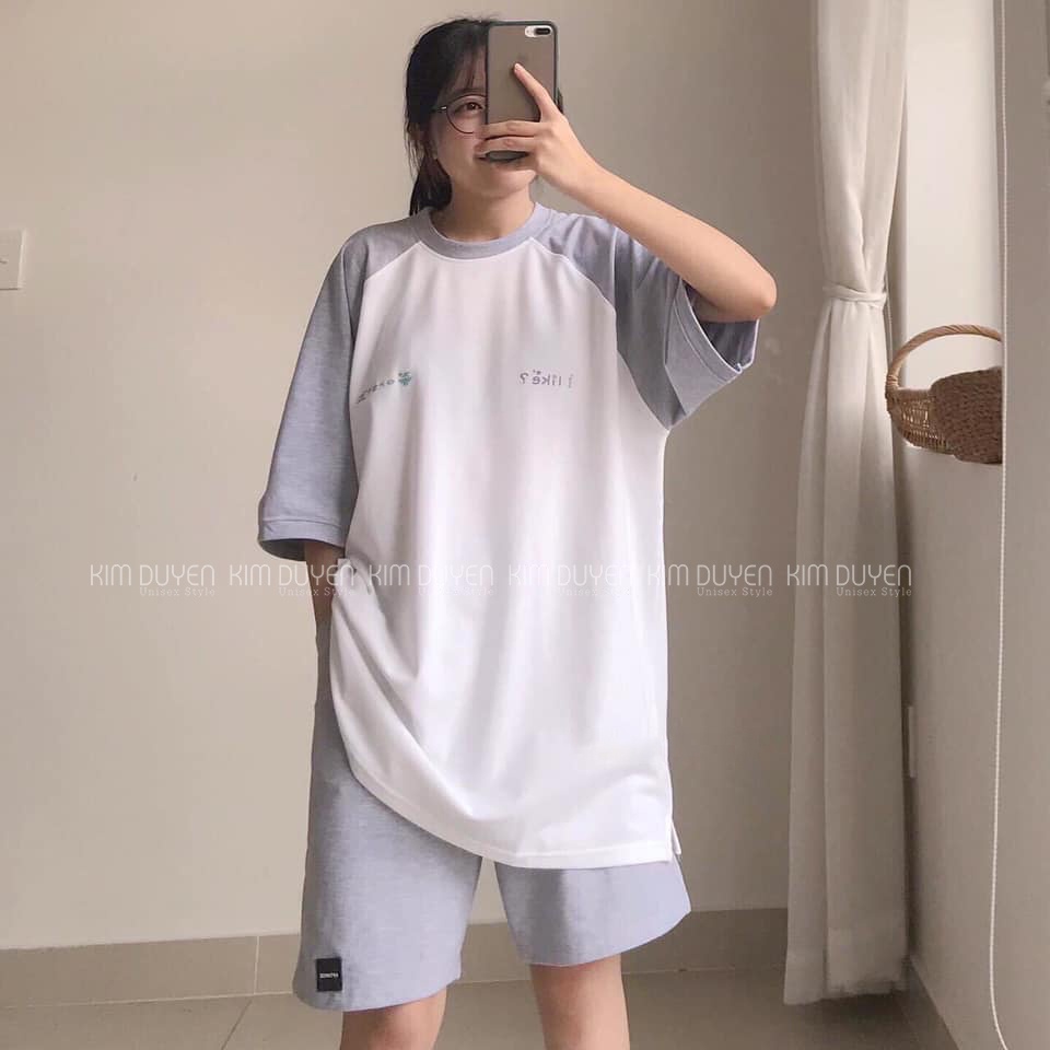 Set Bộ Áo Thun Kèm Quần Áo Thun Tay Phối Lỡ Form Rộng Unisex 38-65kg Nam Nữ