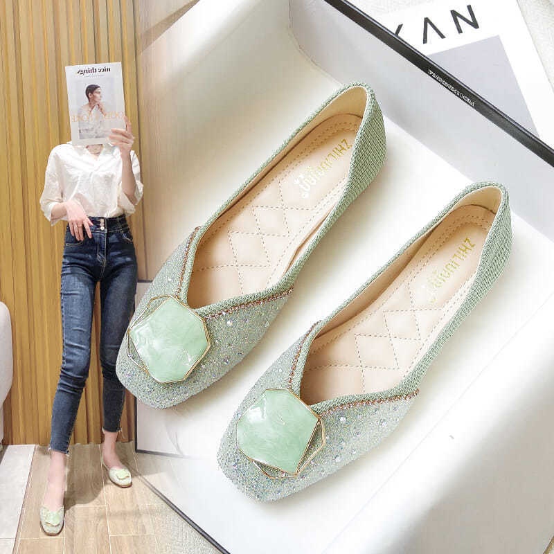 Giày Búp Bê Da Mềm Mũi Vuông Đính Đá Thời Trang Mùa Thu Dễ Phối Đồ Cho Nữ 2022