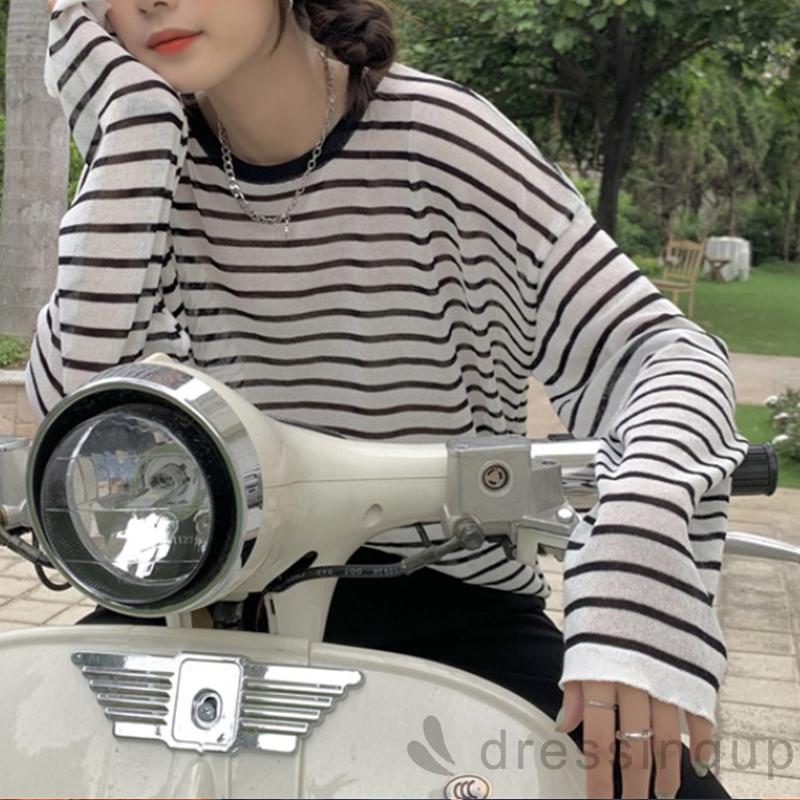 Áo thun tay dài dáng rộng họa tiết sọc thời trang cá tính cho nữ