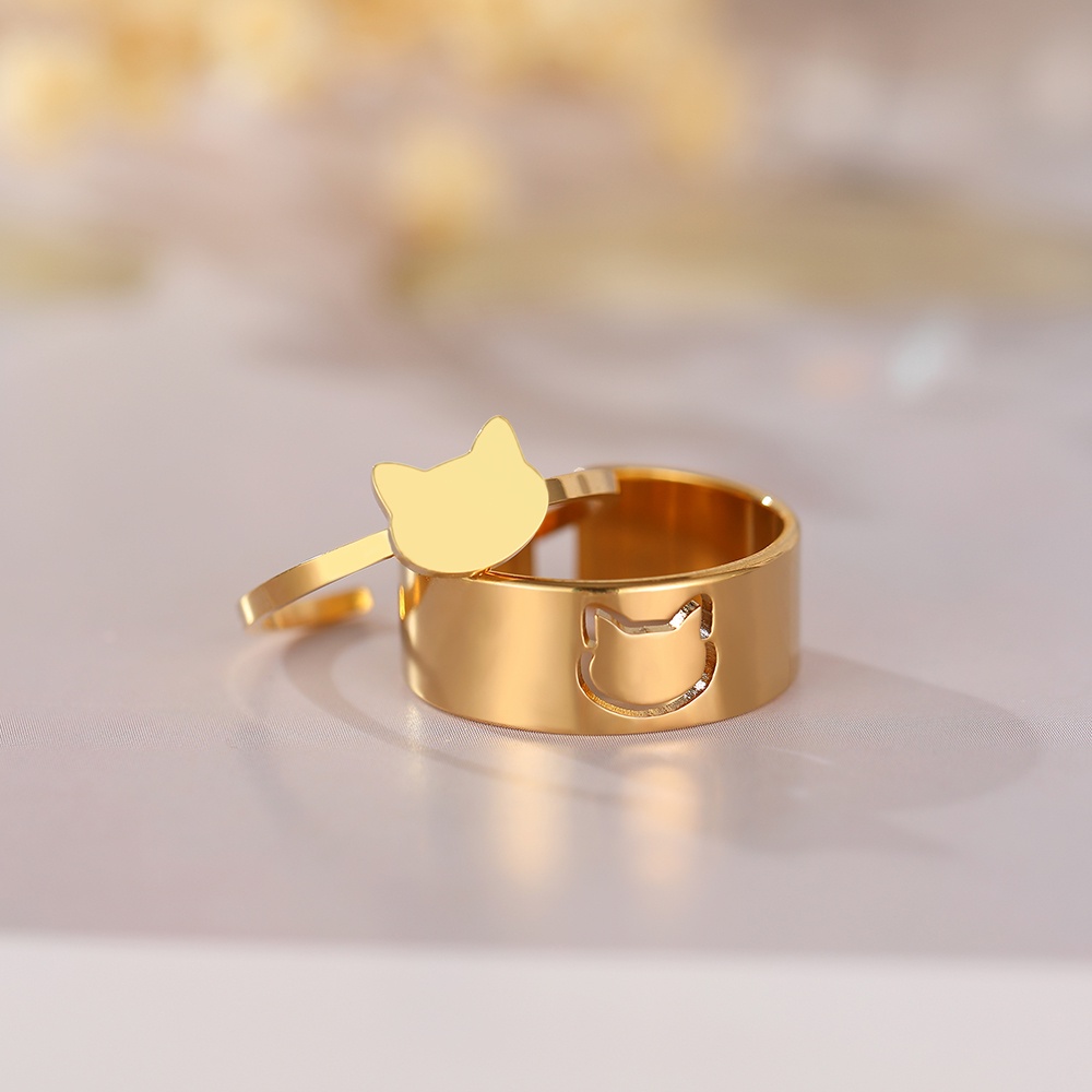 Set 2 Nhẫn Thép Không Gỉ Hình Mèo Dễ Thương Có Thể Điều Chỉnh Thời Trang Cho Nữ