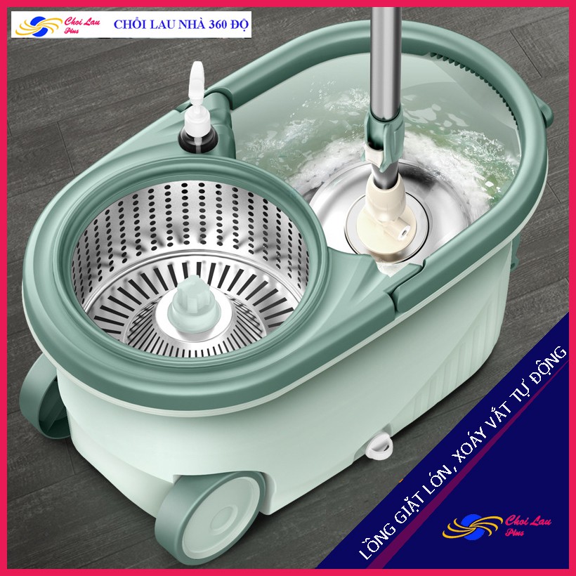 Bộ Chổi Lau Nhà Thông Minh Xoay 360 Độ Cao Cấp Lồng Vắt Phân Tách, Bánh Xe To, Cán và Mâm Inox Chắc Chắn