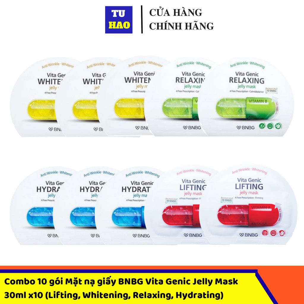 Combo 10 gói Mix 4 loại Mặt nạ giấy BNBG Vita Genic Jelly Mask 30ml x10 (Lifting, Whitening, Relaxing, Hydrating)