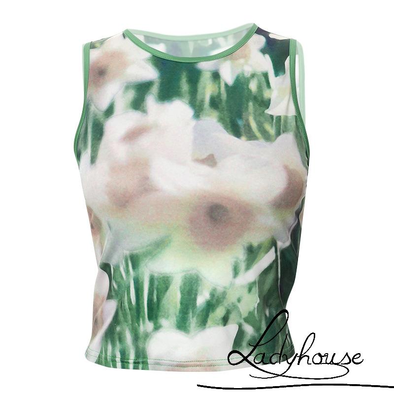 Áo Croptop Không Tay Cổ Tròn In Họa Tiết Hoa Đơn Giản Dành Cho Nữ