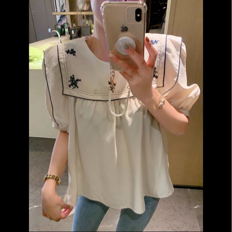 áo babydoll thêu hoa cộc tay vintage ảnh thật