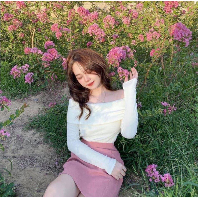 Áo trễ vai tay dài dáng body ôm chất thun co dãn sang chảnh