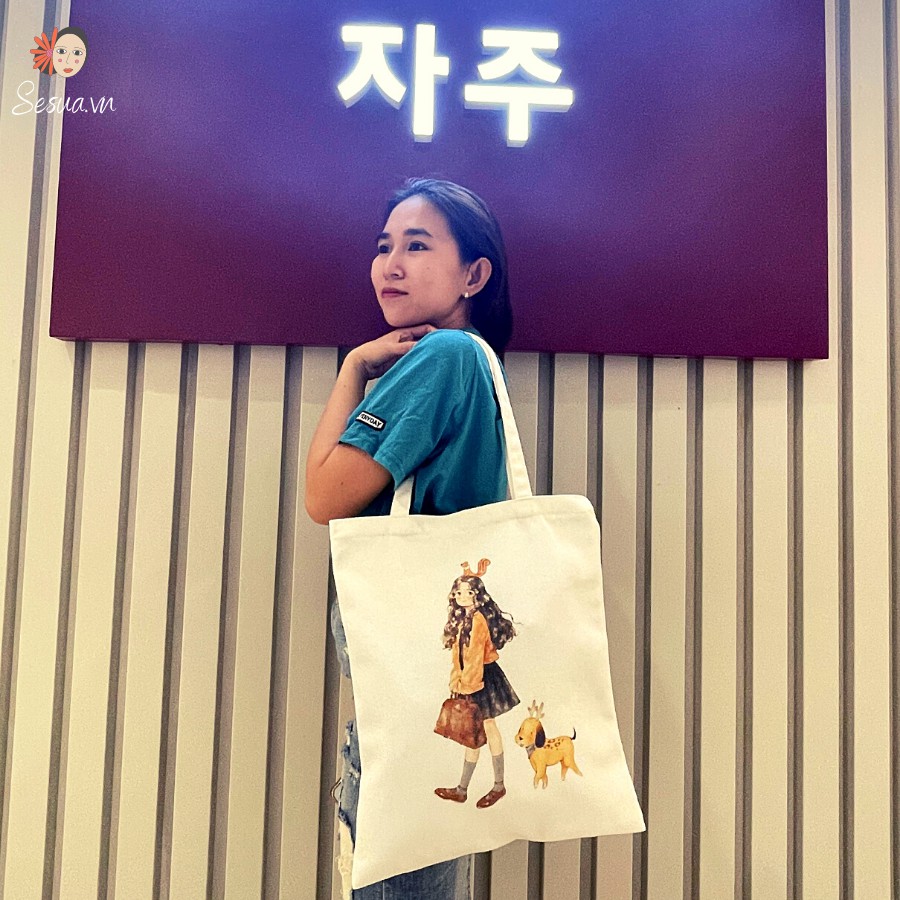 [Túi Thiết Kế-Fullbox quà tặng] Túi TOTE vải Canvas đeo vai phong cách hàn quốc, form unisex vintage - Girl và cún cưng