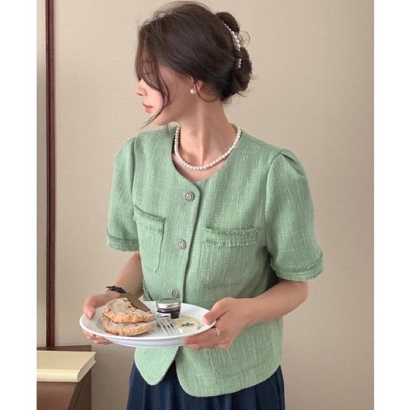 Áo sơmi dạ tweed mỏng phong cách retro nhẹ nhàng