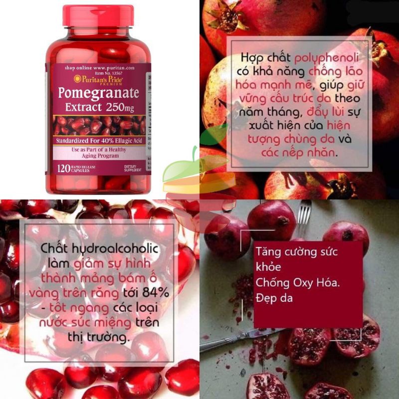 Viên uống chống nắng nội sinh, mờ nám, trắng da lựu Pomegranate Extract Puritan's pride