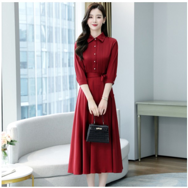 Plus Đầm Sơ Mi Dáng Chữ A Tay Lỡ 3 / 4 Màu Trơn Thanh Lịch Thời Trang Cho Nữ Size M-3Xl