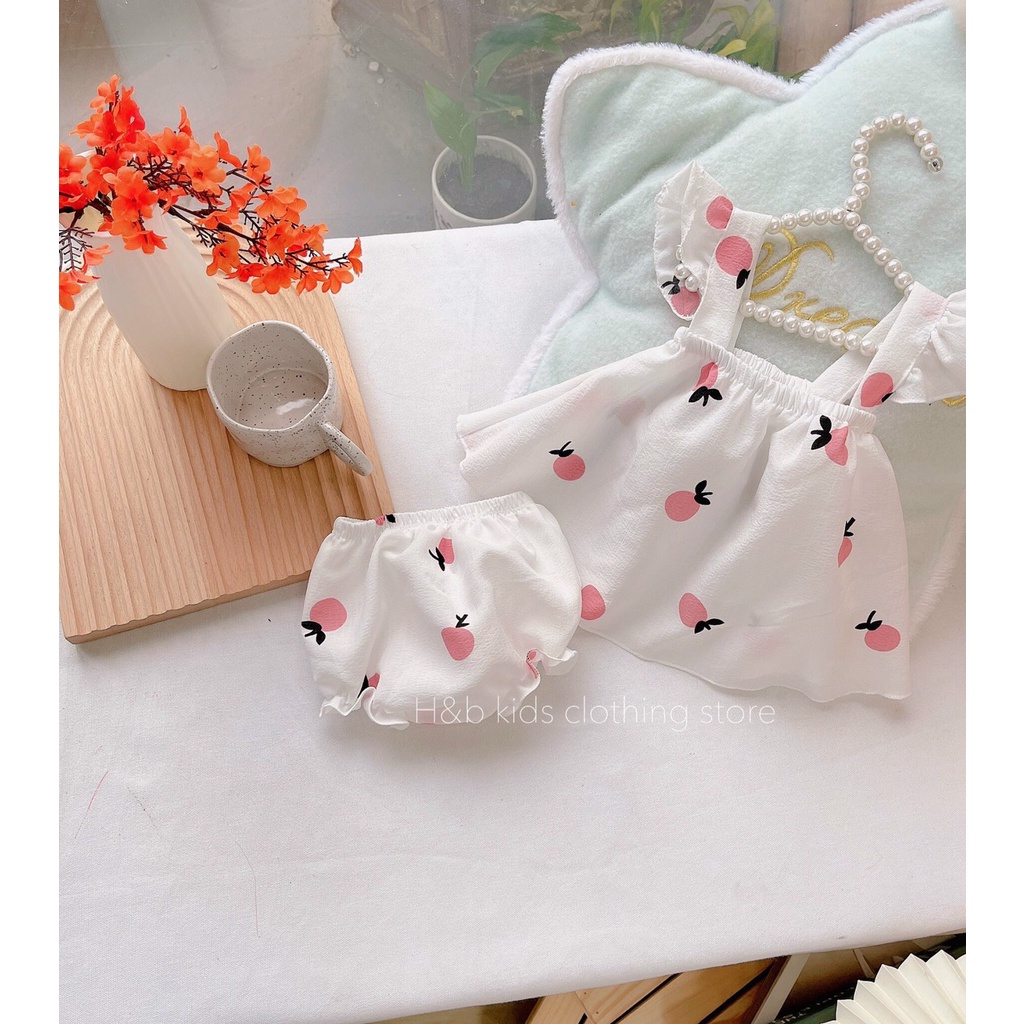 Bộ đồ hai dây cánh tiên vải đũi xốp họa tiết đáng yêu cho bé gái từ 6 – 16kg