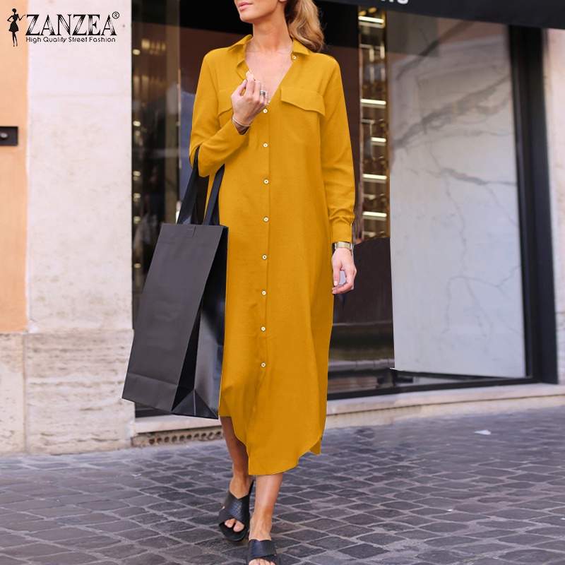 Đầm dài ZANZEA dáng rộng cổ bẻ cài nút trước tay dài thời trang cho nữ