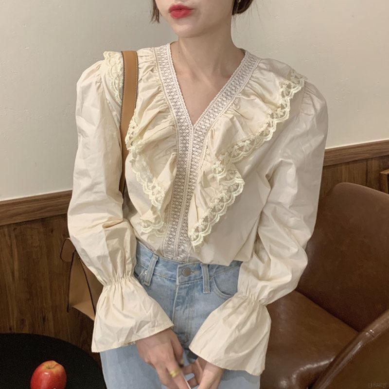 Áo Sơ Mi Tay Dài Phối Ren Xinh Xắn Thời Trang Dành Cho Nữ