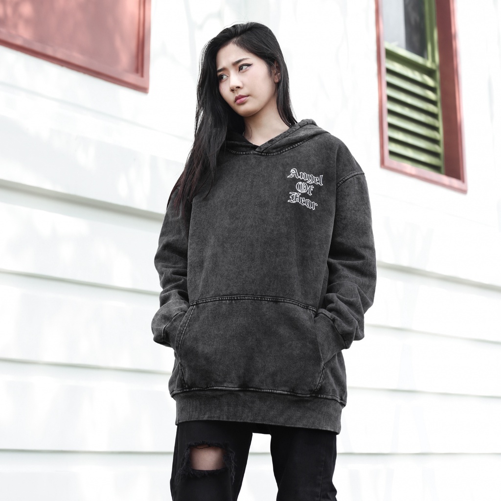 Áo Hoodie Wash Xám Angel Of Fear Form Rộng rãi Thoải Mái Unisex Chất Liệu 100% Cotton Hình In Sắc Nét Wash Đá Bọt