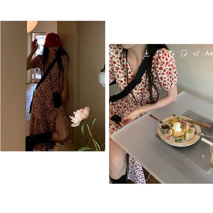 Đầm hoa ZHELIHANGFEI dáng dài cổ chữ v nhấn eo xinh xắn thời trang