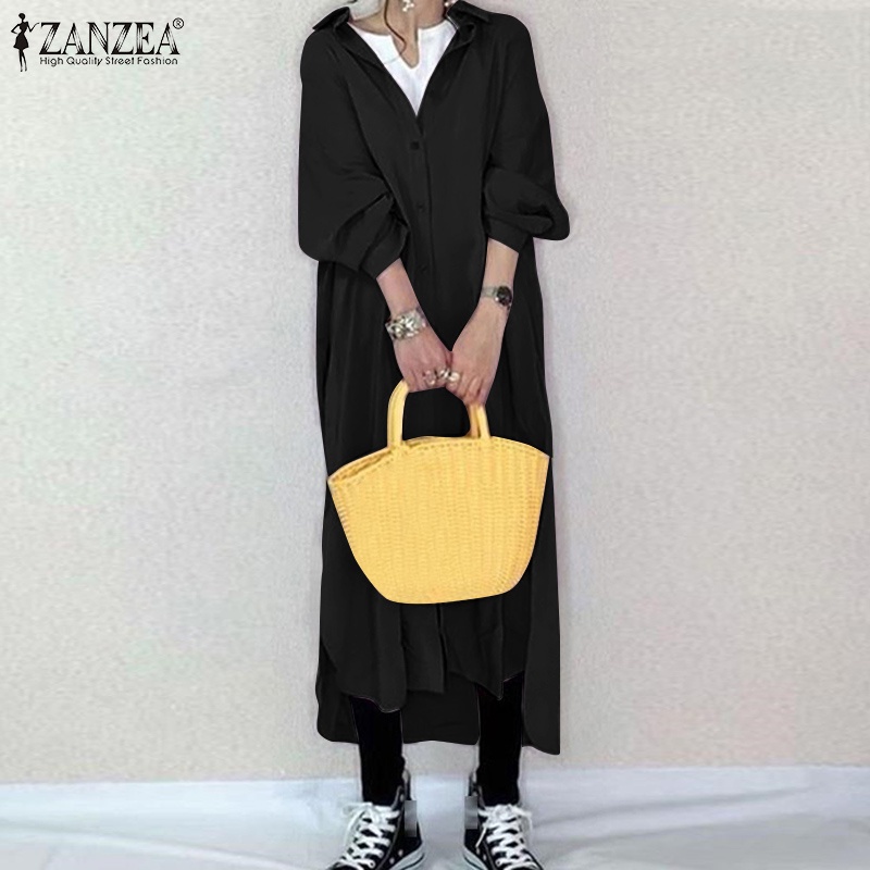 Đầm dài ZANZEA dáng rộng cổ bẻ tay dài thời trang cho nữ
