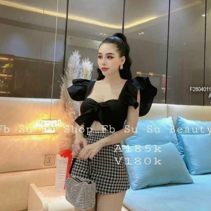 Áo kiểu croptop tay cánh tiên có mút cột nơ ngực nhún lưng cực xinh , chất kate mềm mát mk