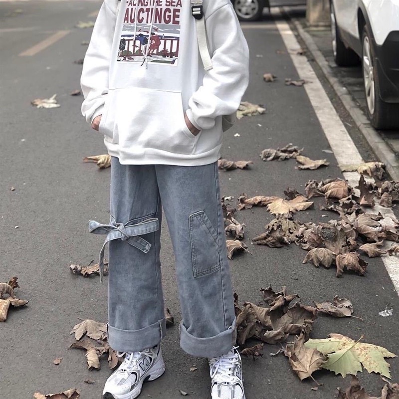Quần Jeans Phối Dây Thắt Nơ Ống Rộng Ulzzang