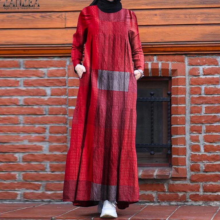ZANZEA Thương Hiệu Ngôi SaoĐầm Maxi Kẻ Sọc Caro Cho Phụ Nữ Hồi Giáo