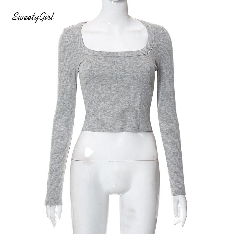 Áo Croptop Tay Dài Cổ Chữ U Màu Xám Trơn Thời Trang 2022 Quyến Rũ Cho Nữ