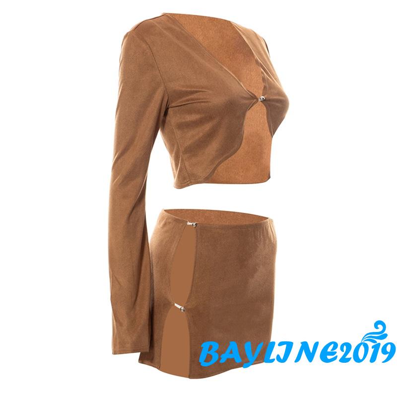 Set áo cardigan tay dài và chân váy bó ngắn eo thấp phối móc khóa thời trang gợi cảm dành cho nữ