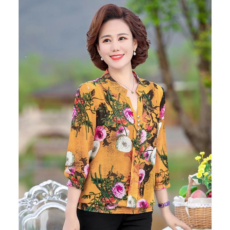 Bộ Quần Áo Trung Niên MAI THY S669, Set Áo Voan 2 Lớp Họa Tiết Hoa Phối Quần Thun Trung Niên Xịn Sò | Thời Trang Nữ U50