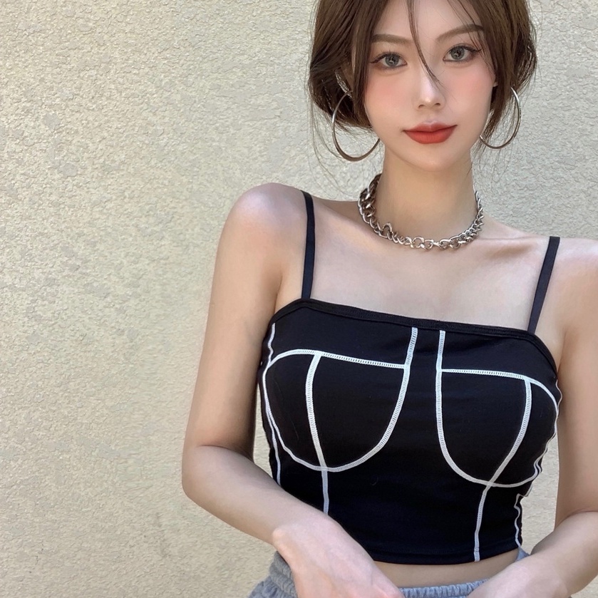 Áo hai dây dệt kim ZHELIHANGFEI dáng ngắn có đệm ngực phong cách gợi cảm