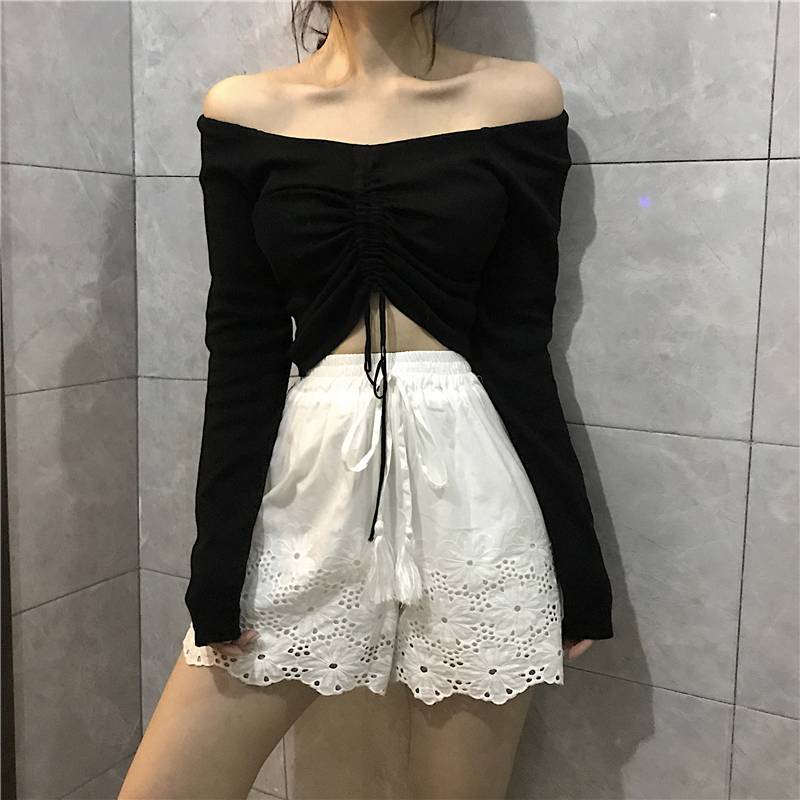 Áo len croptop tay dài Áo Dệt Kim Tay Dài Trễ Vai Phối Dây Rút Phong Cách Hàn Quốc Thời Trang Xuân Thu 2020 Mới Cho Nữ