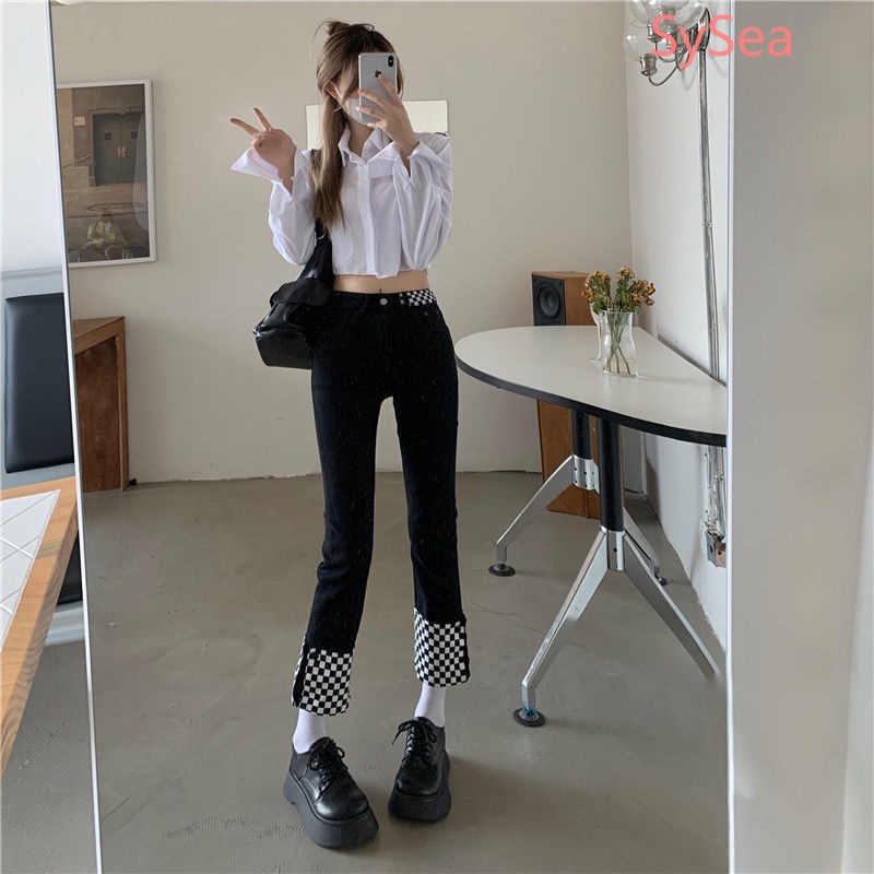 Quần Jeans Phối Sọc Caro Phong Cách Hàn Quốc Cho Nữ