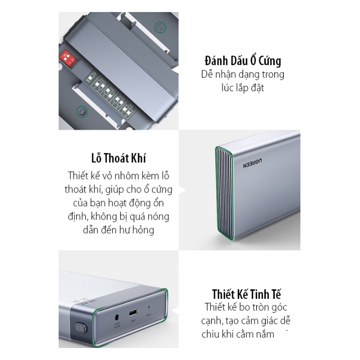 Hộp đựng ổ cứng 2.5 Dual Ugreen 80857 (USB Type-C 3.1 Gen 2, dung lượng SSD 2x 6TB)