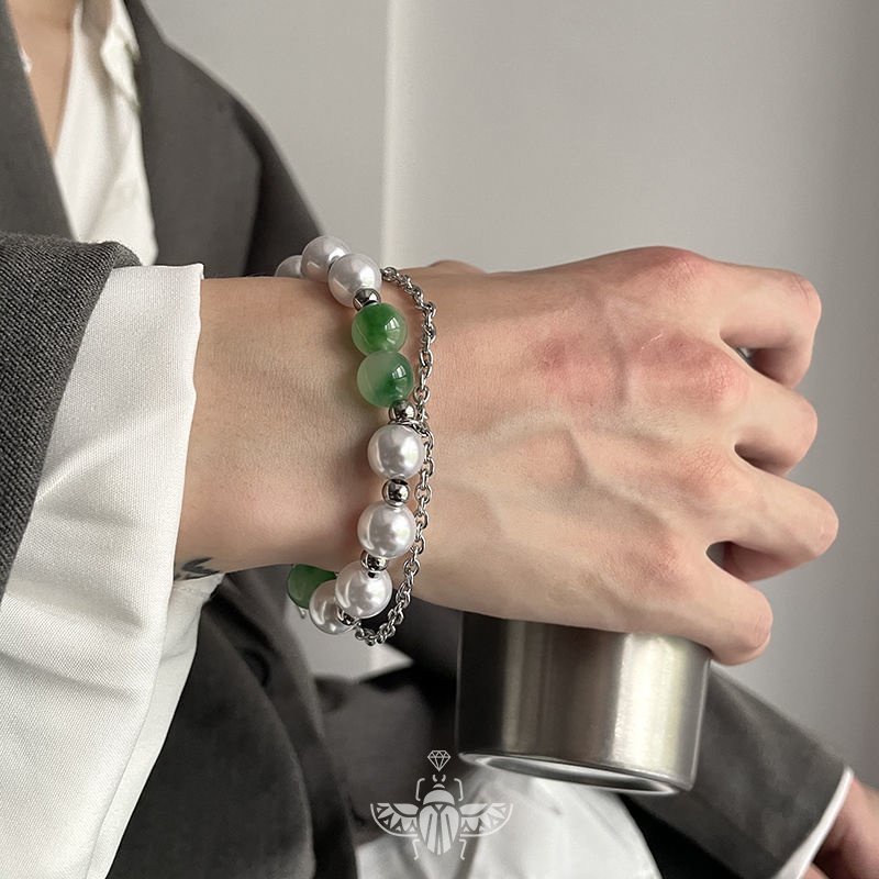 Vòng Tay Đôi Bằng Thép Titan Đính Ngọc Trai Giả Phong Cách hip hop Thanh Lịch Dễ Thương Dành Cho Cặp Đôi